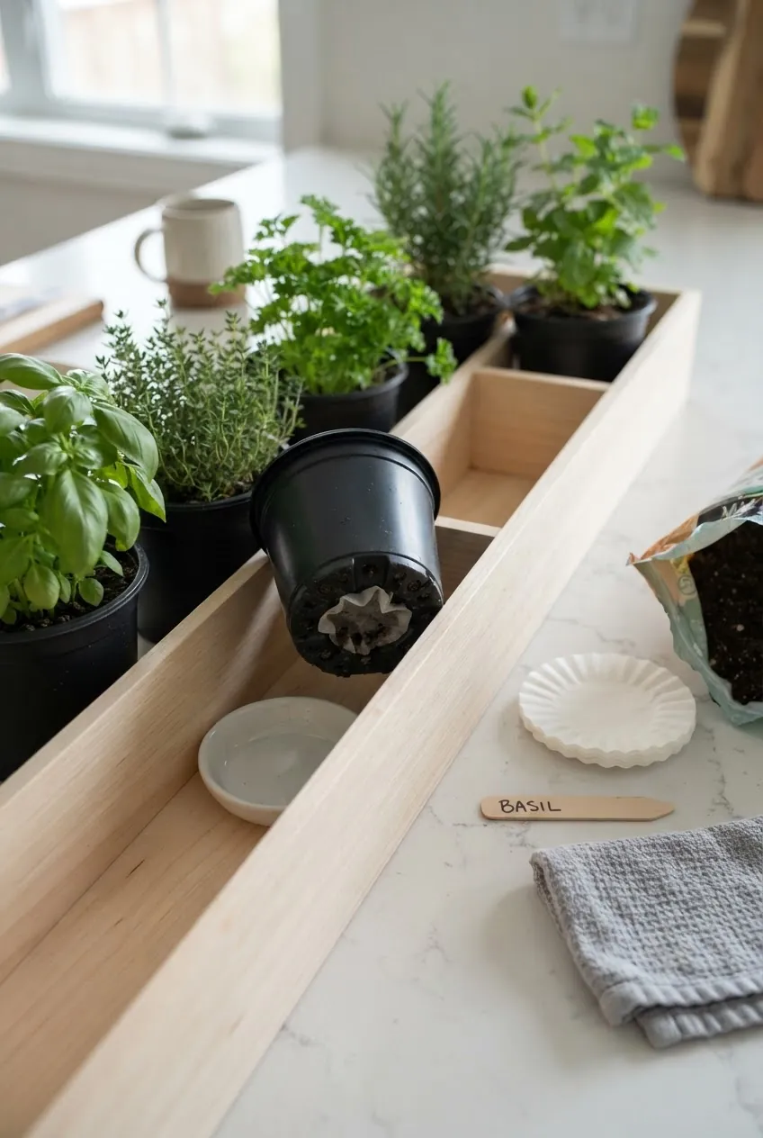DIY indoor herb planter using removable nursery pots inside a decorative sleeve