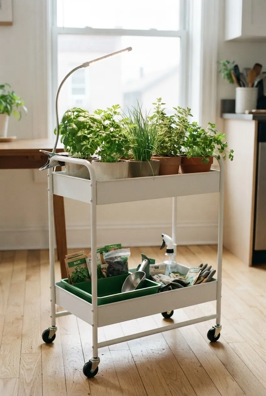 Rolling cart DIY indoor herb garden with herbs, grow light, and watering tray