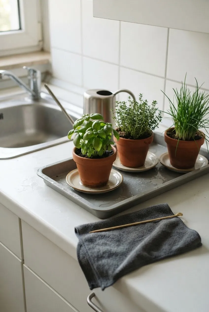 Watering and cleanup tray for a DIY indoor herb garden on a kitchen counter