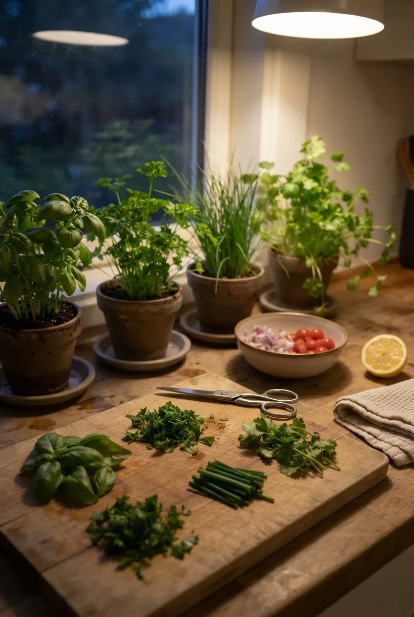 Harvesting herbs from a DIY indoor food garden for kitchen cooking