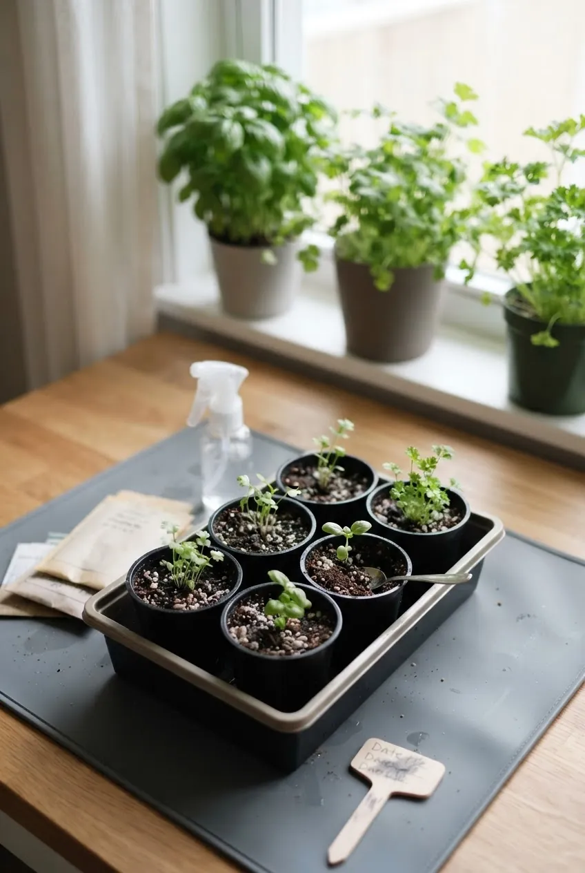Small seedling station for restarting cilantro and basil in a DIY indoor herb garden