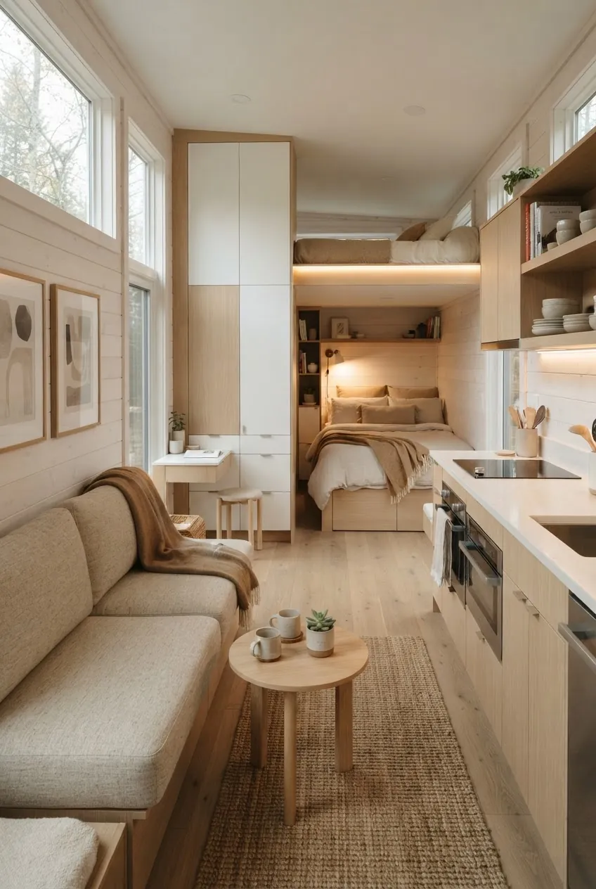 Tiny house layout for couples with shared living, clear walkway, and storage zones