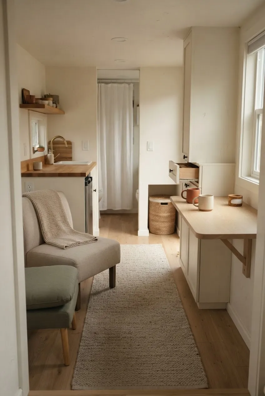 Tiny house layout for couples with open walkway, two seats, and clear daily flow