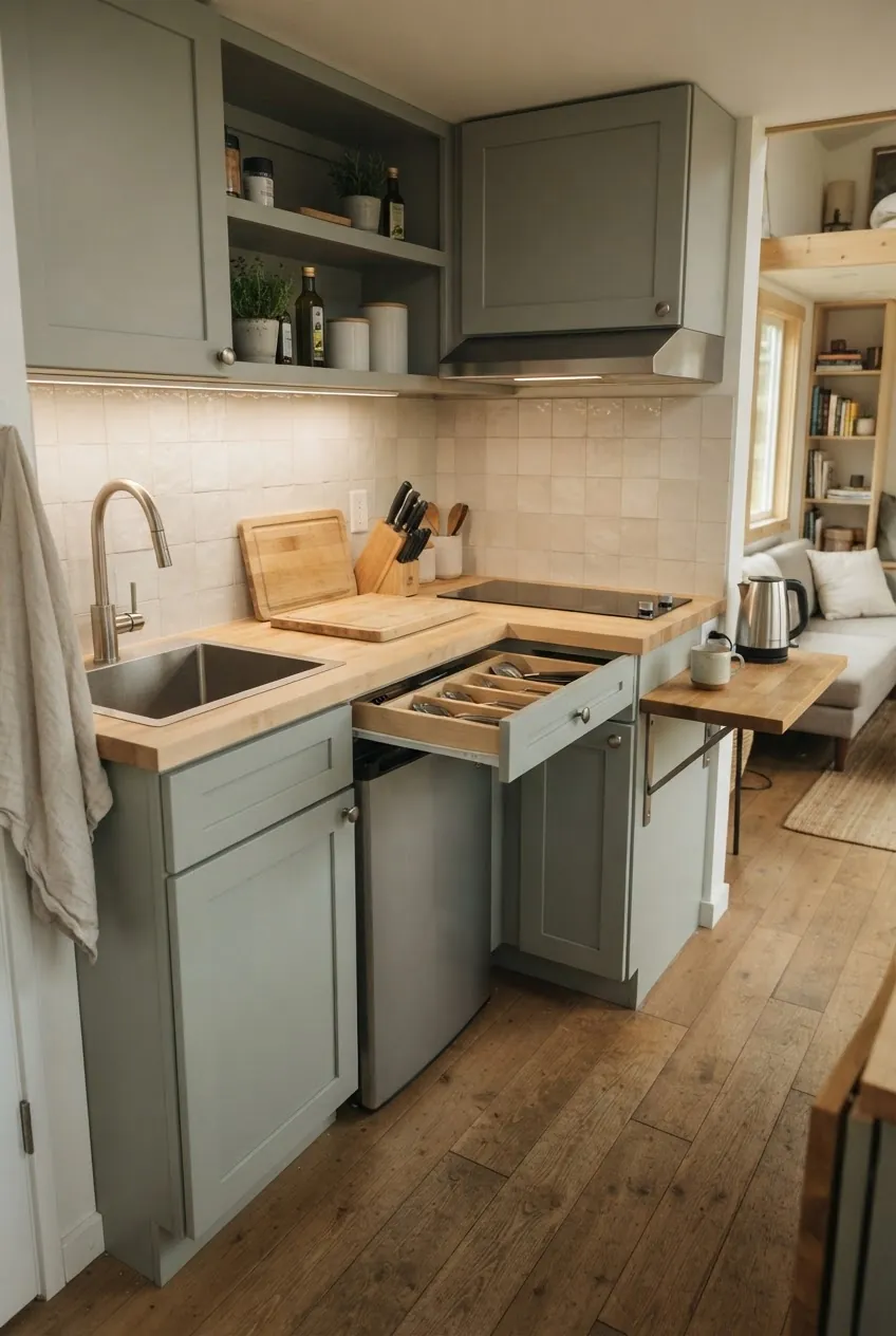 Tiny house kitchen layout for couples with prep counter, coffee ledge, and clear aisle