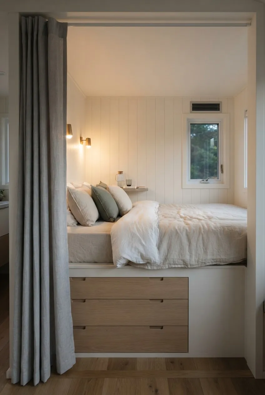 Tiny house sleeping zone for couples with side access, storage, and soft privacy curtain