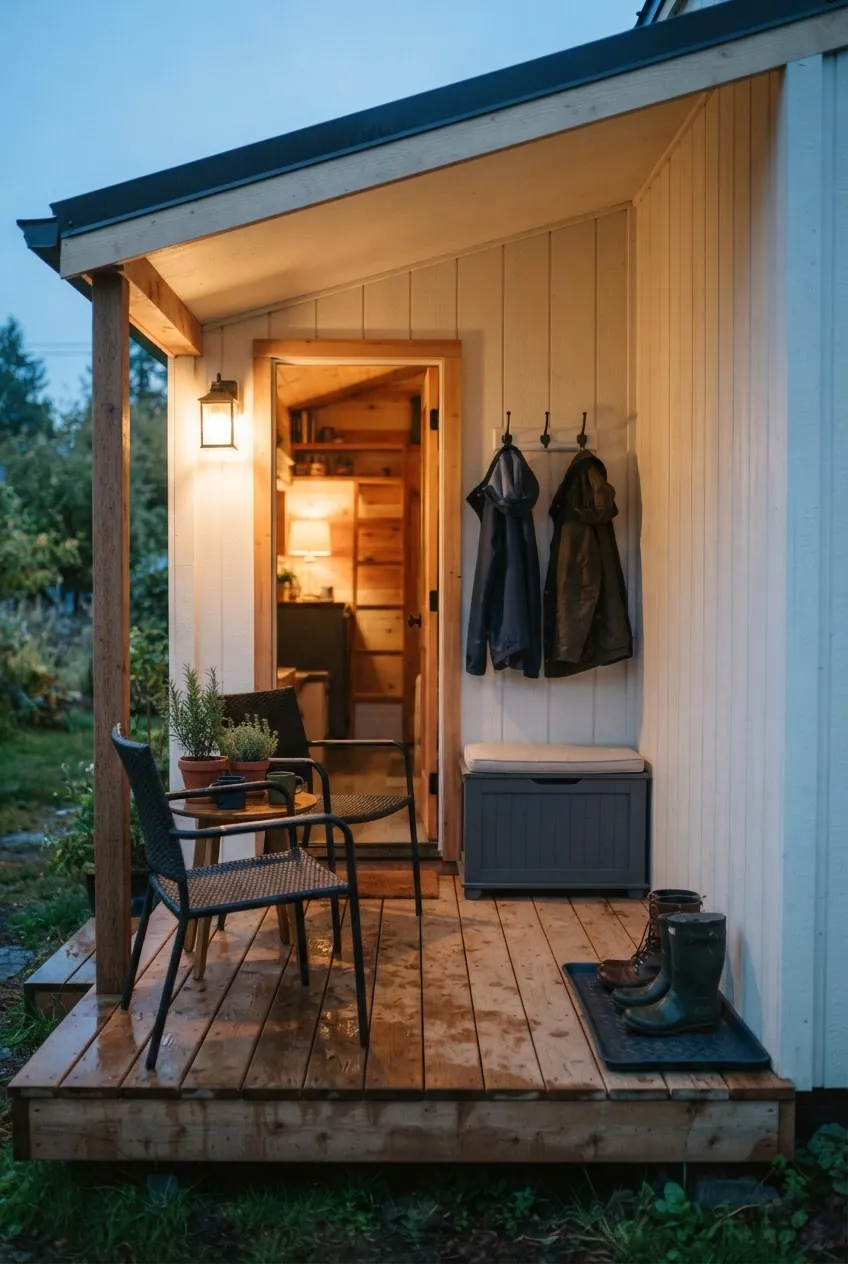 Tiny house covered porch for couples with two chairs, storage bench, and weather protection