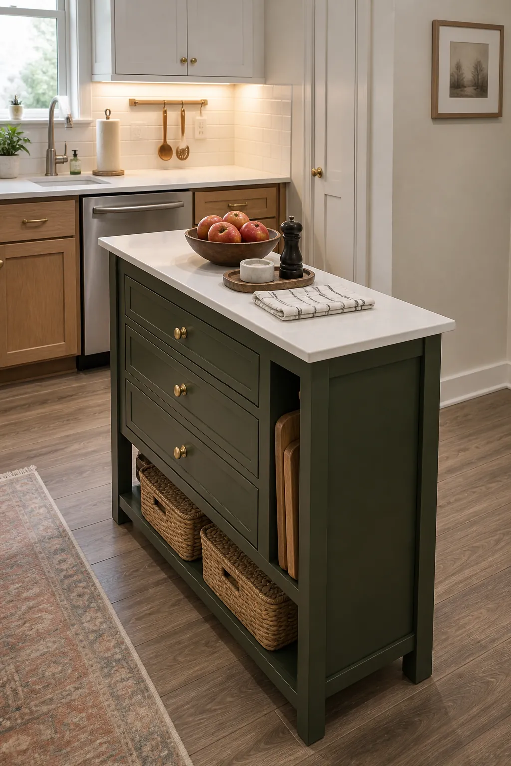 Narrow small kitchen island with drawers and lower basket storage