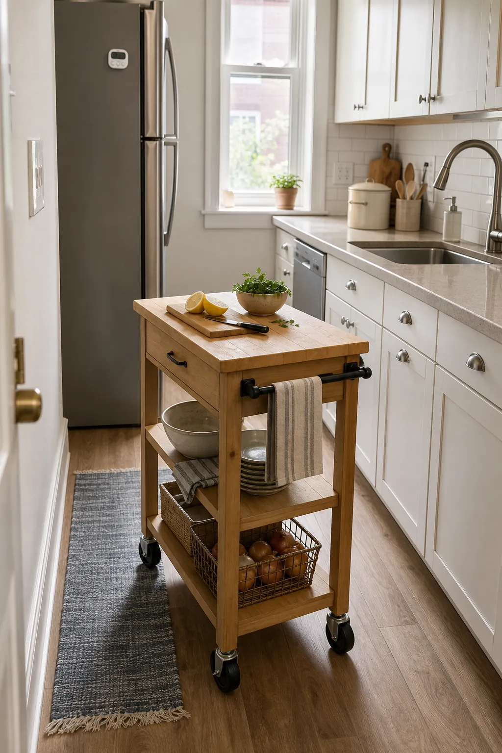 Mobile kitchen island on casters in a narrow galley kitchen