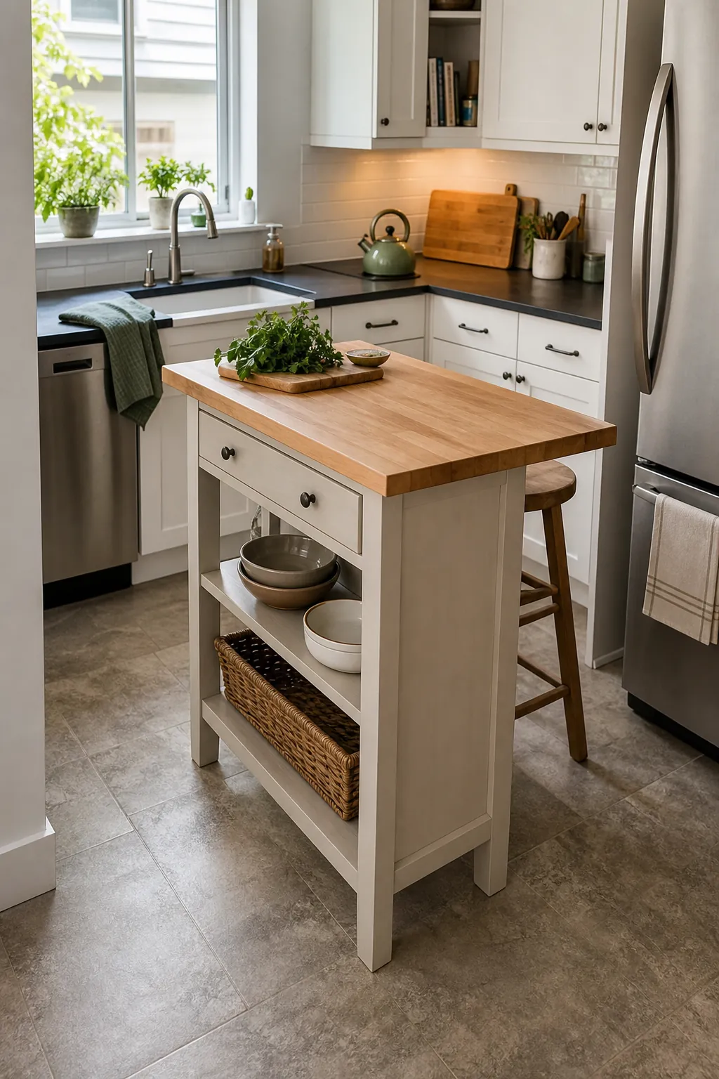 Space-saving small kitchen island in a compact kitchen