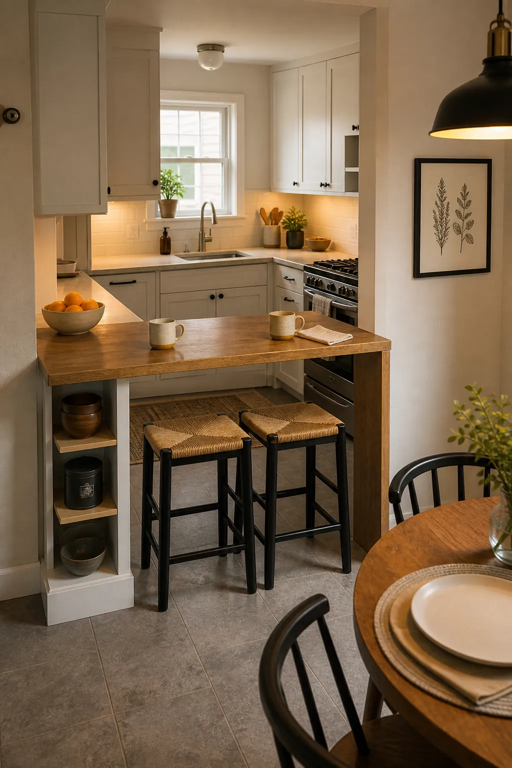 Compact peninsula breakfast bar used as a kitchen island alternative
