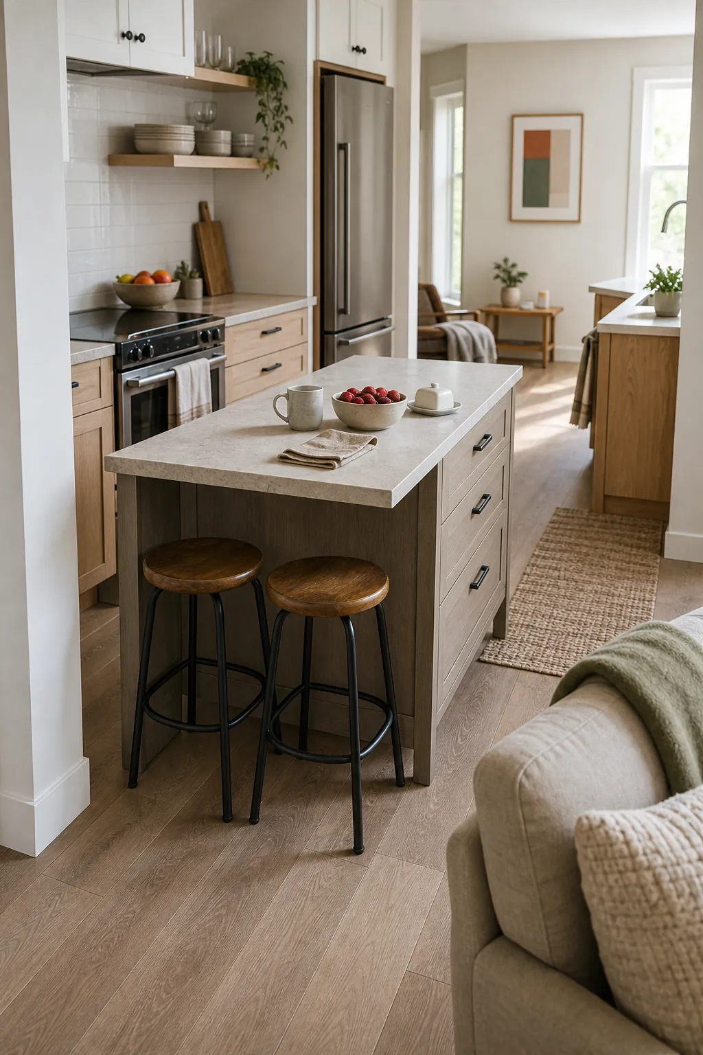 Small kitchen island with two tucked stools and clear walkway space