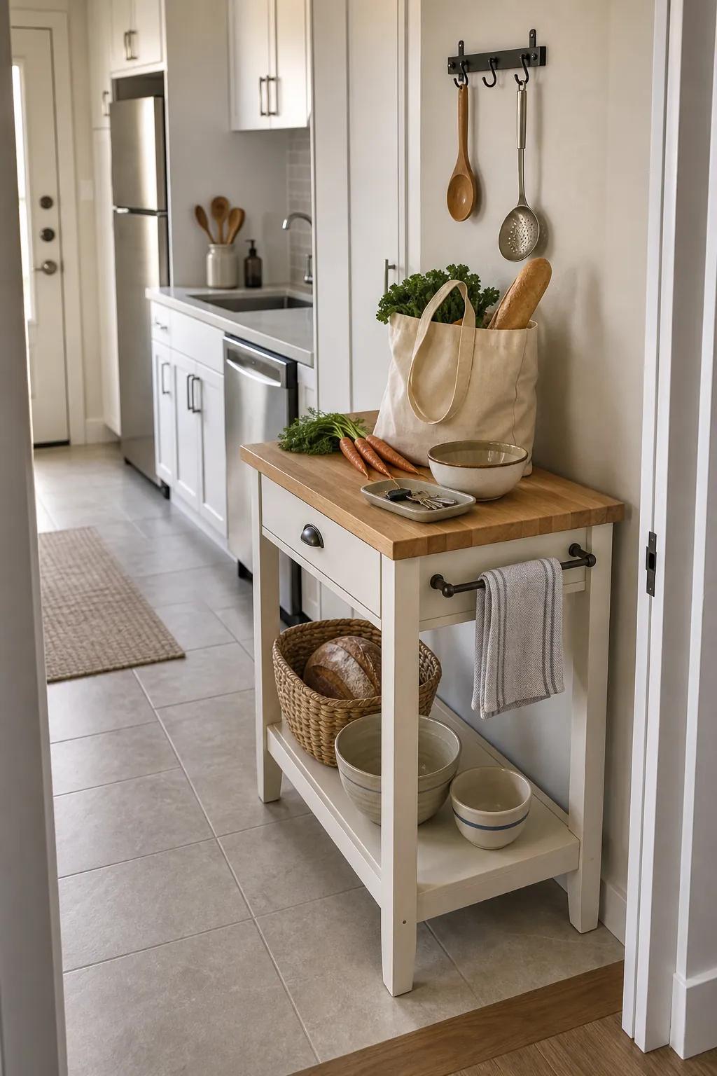 Mini kitchen island parked at the end of a cabinet run as a landing zone
