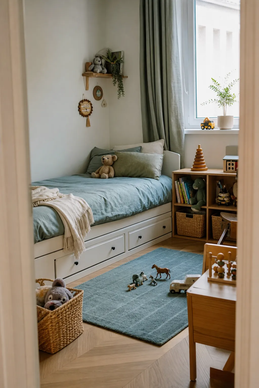 Calm small kids room with smart storage and soft colors