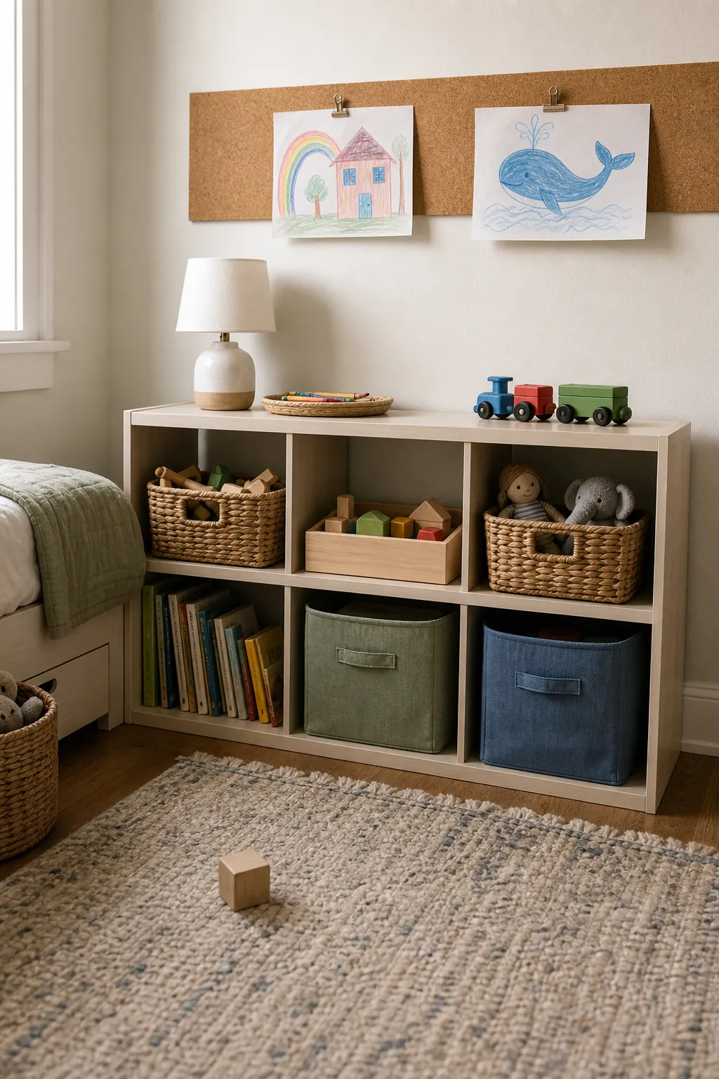 Low open toy storage bins for an organized small kids room
