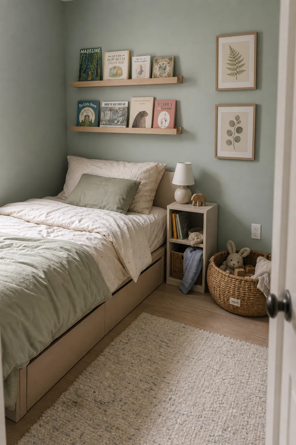 Small kids room with calm colors and smart bed wall storage