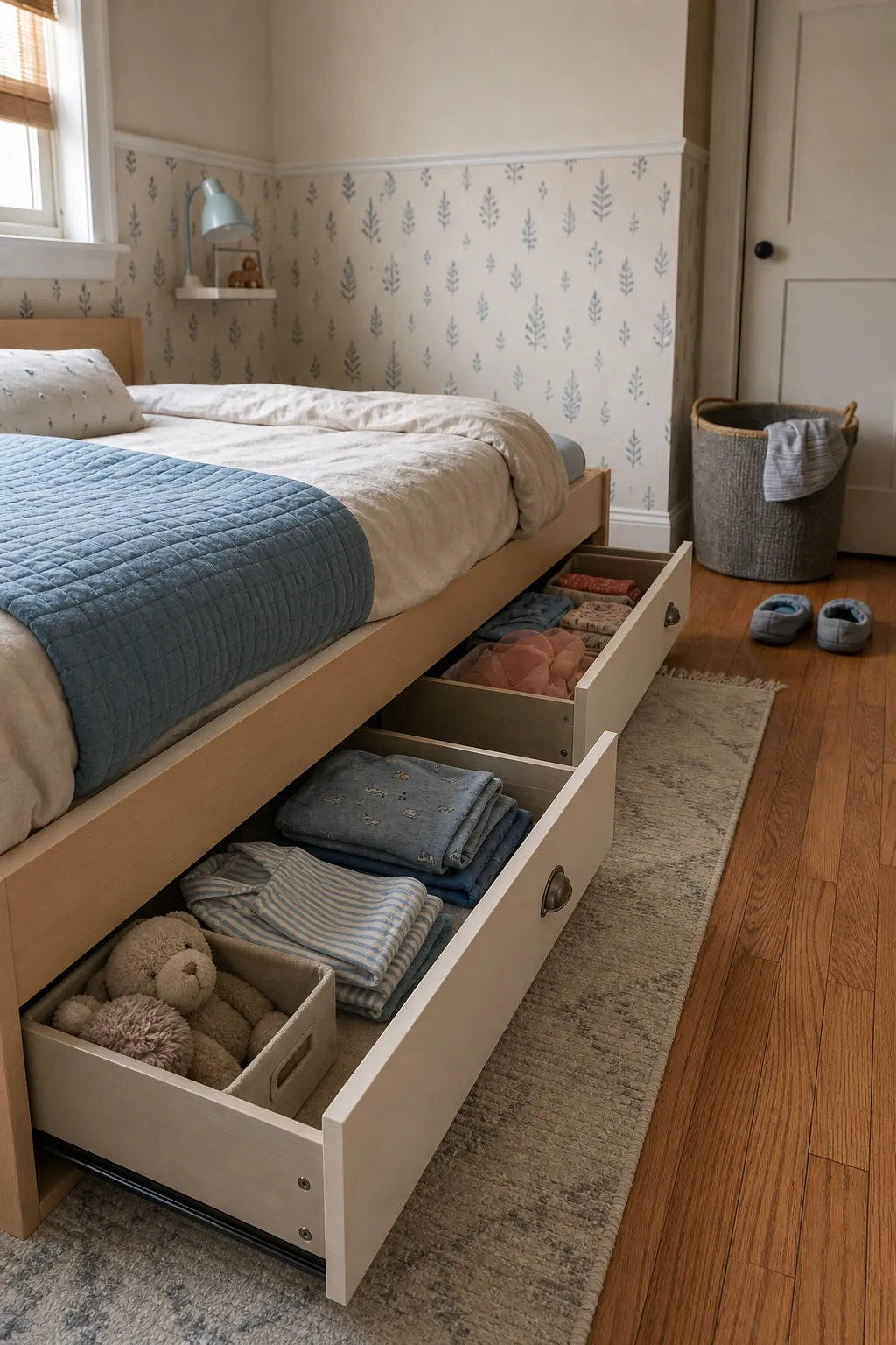 Under bed storage in a small kids bedroom with soft colors