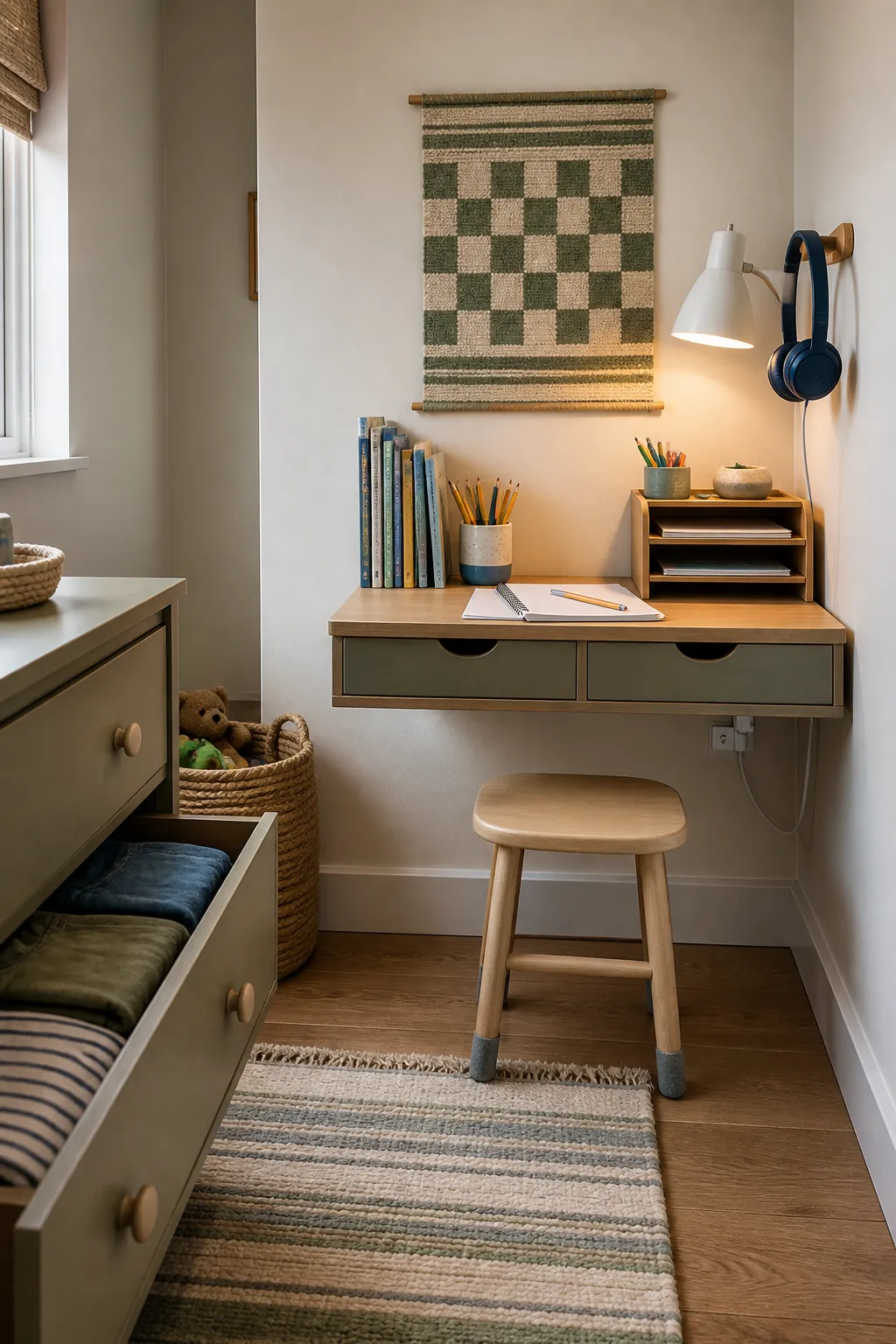 Small kids room school supply storage with a slim desk and calm colors