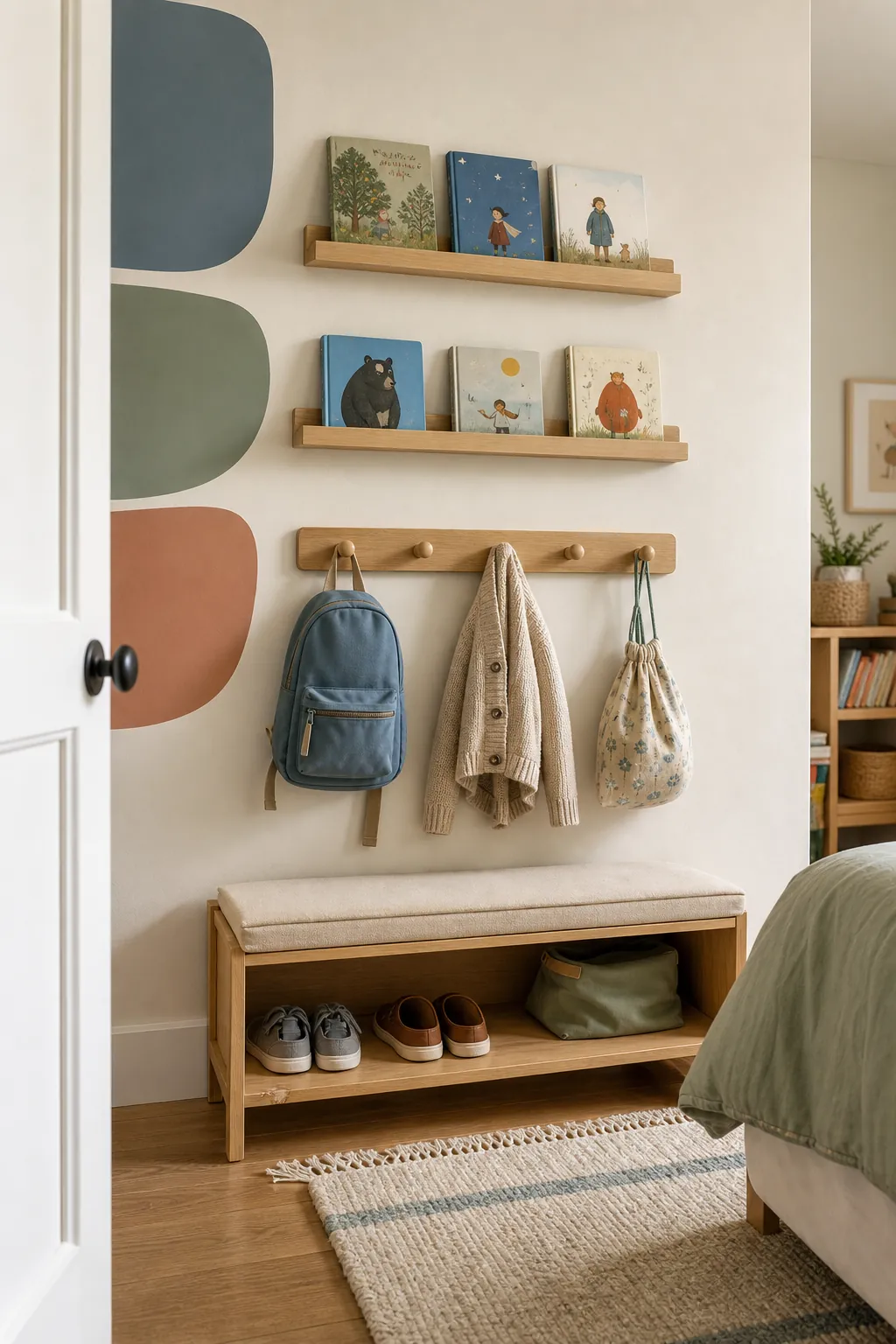 Vertical wall hooks and book ledges in a small kids bedroom