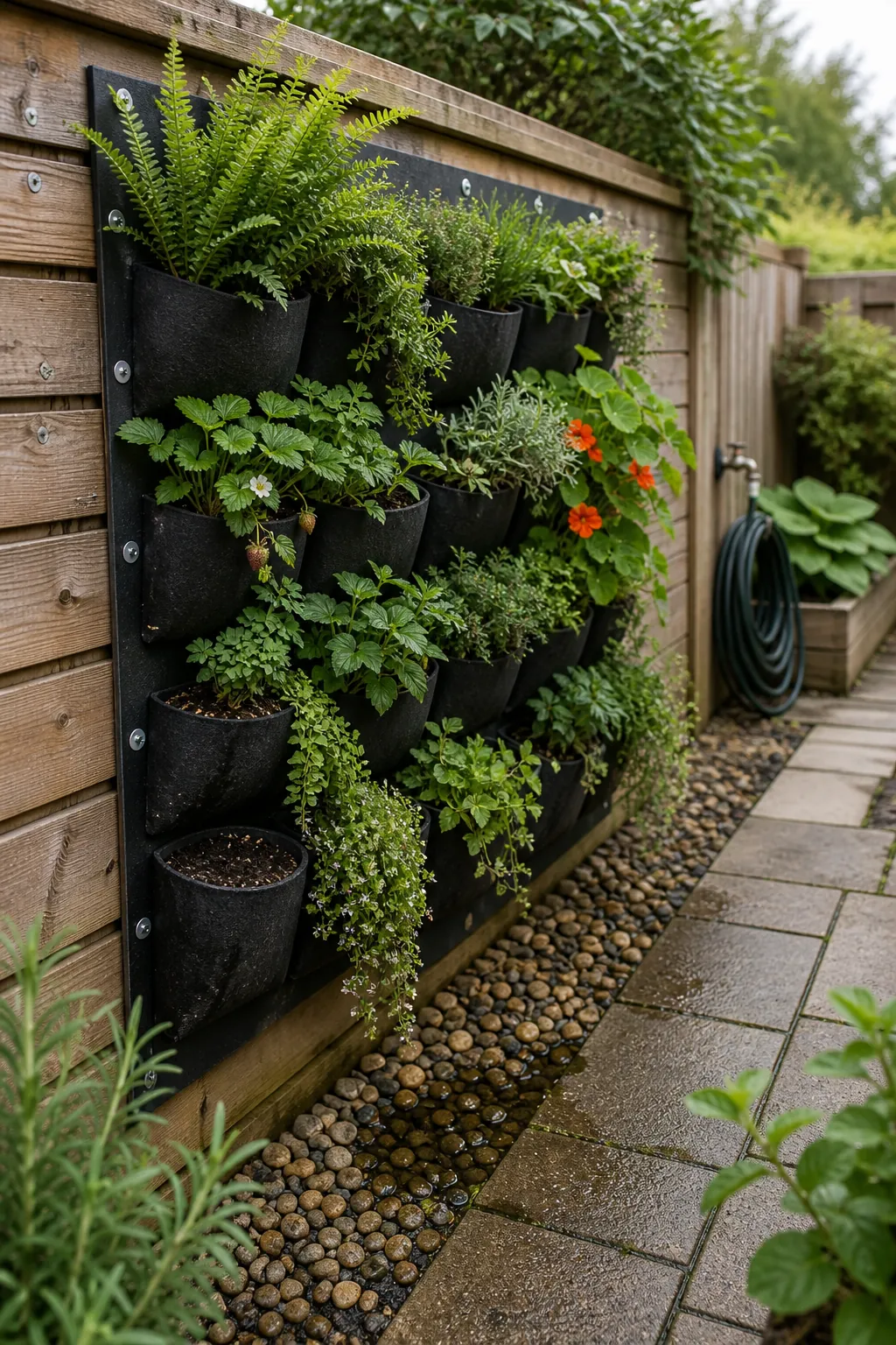 Outdoor fence plant wall with pocket planters, trailing greenery, and drainage-friendly spacing
