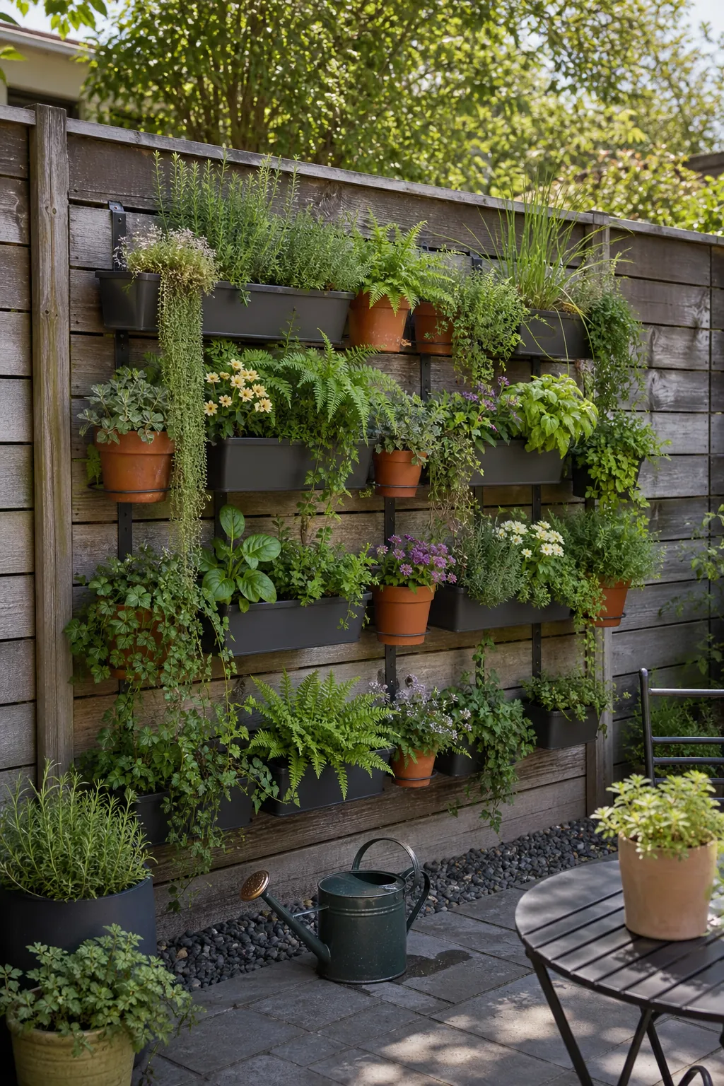Outdoor plant wall ideas with mixed planters on a cedar patio fence