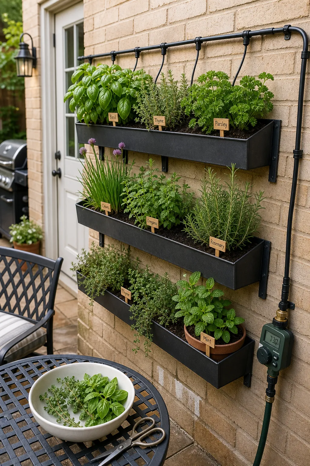Patio herb wall with compact outdoor planters and visible drip irrigation for even watering