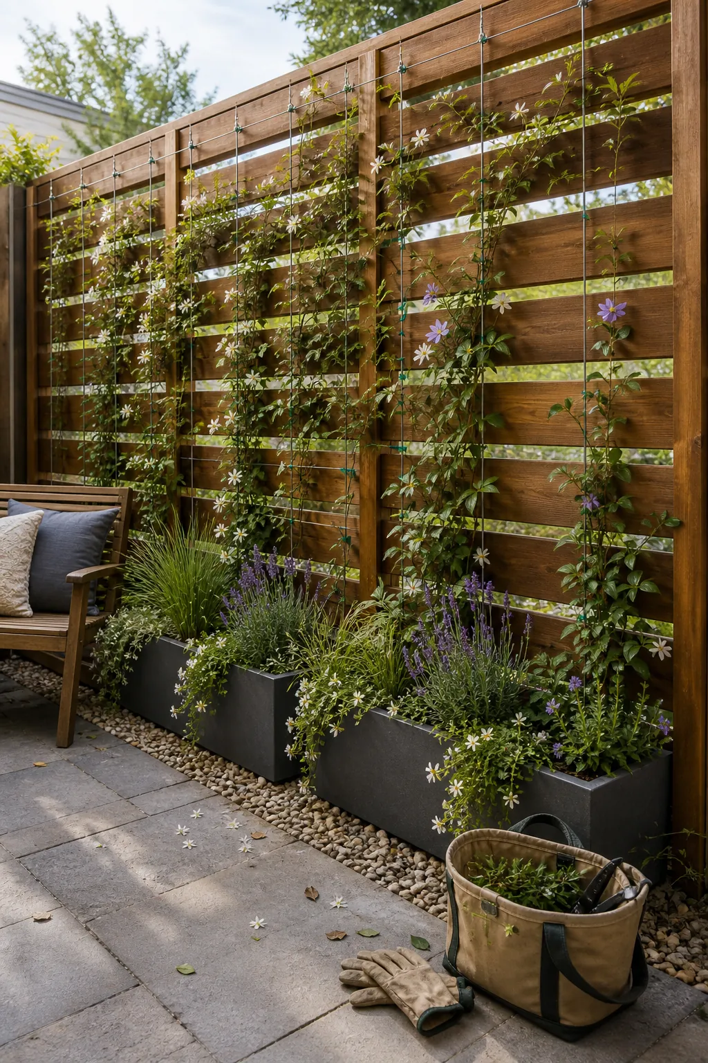 Outdoor slatted privacy screen with climbing plants and layered container greenery