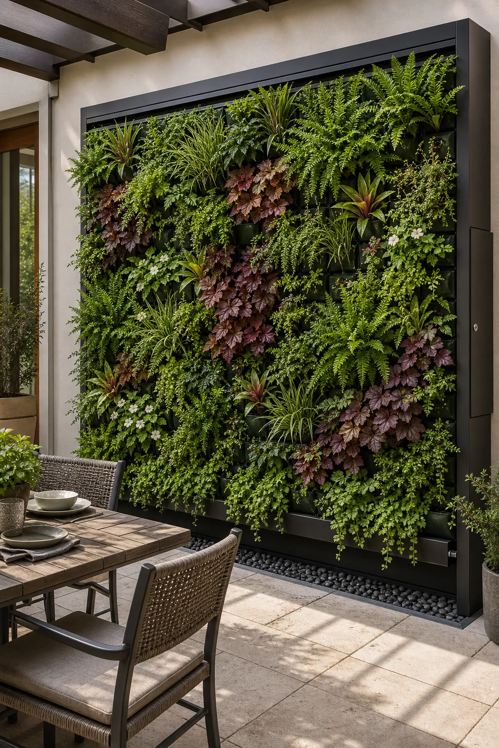 Modular outdoor living wall with mixed foliage beside a compact courtyard seating area