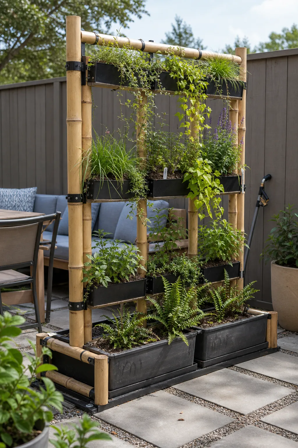 Freestanding outdoor plant wall frame with bamboo structure, mixed planters, and weighted base