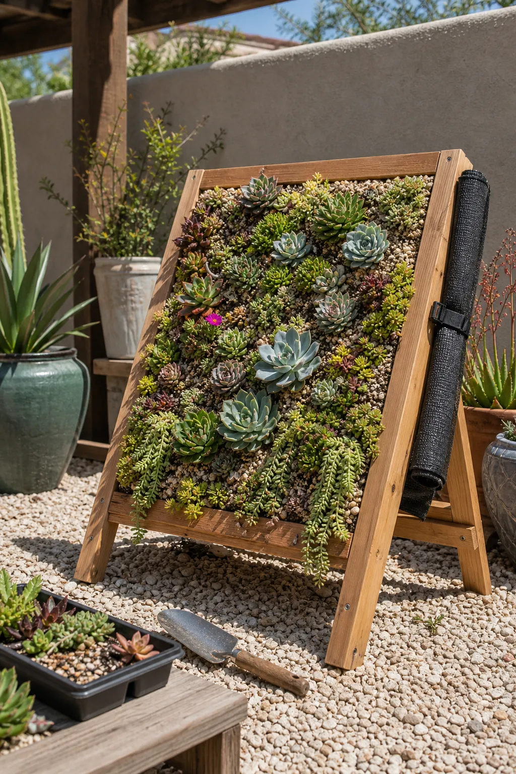 Sunny outdoor succulent plant wall frame with gritty soil, mixed textures, and clear drainage