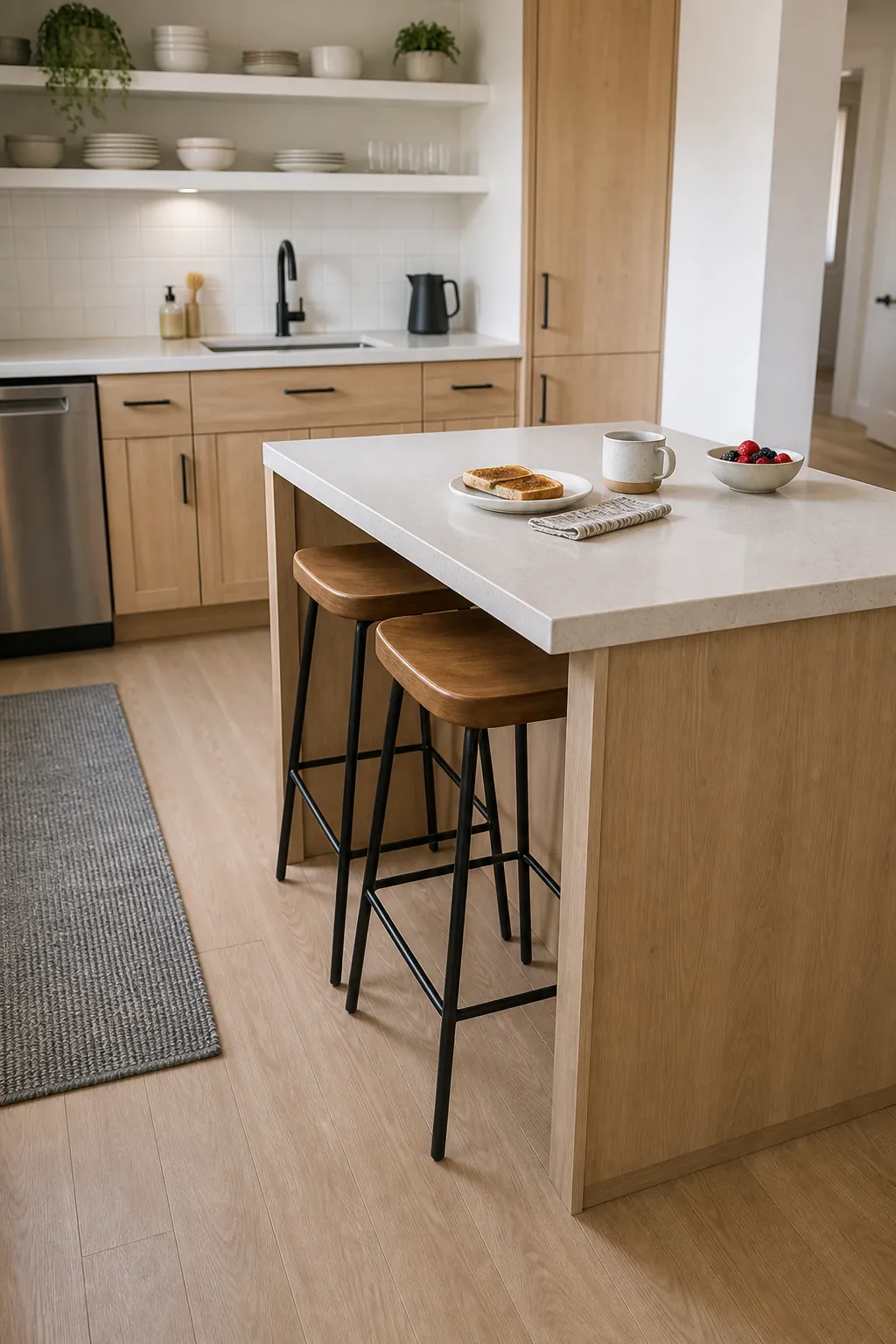 Backless counter stools tucked under a narrow kitchen island
