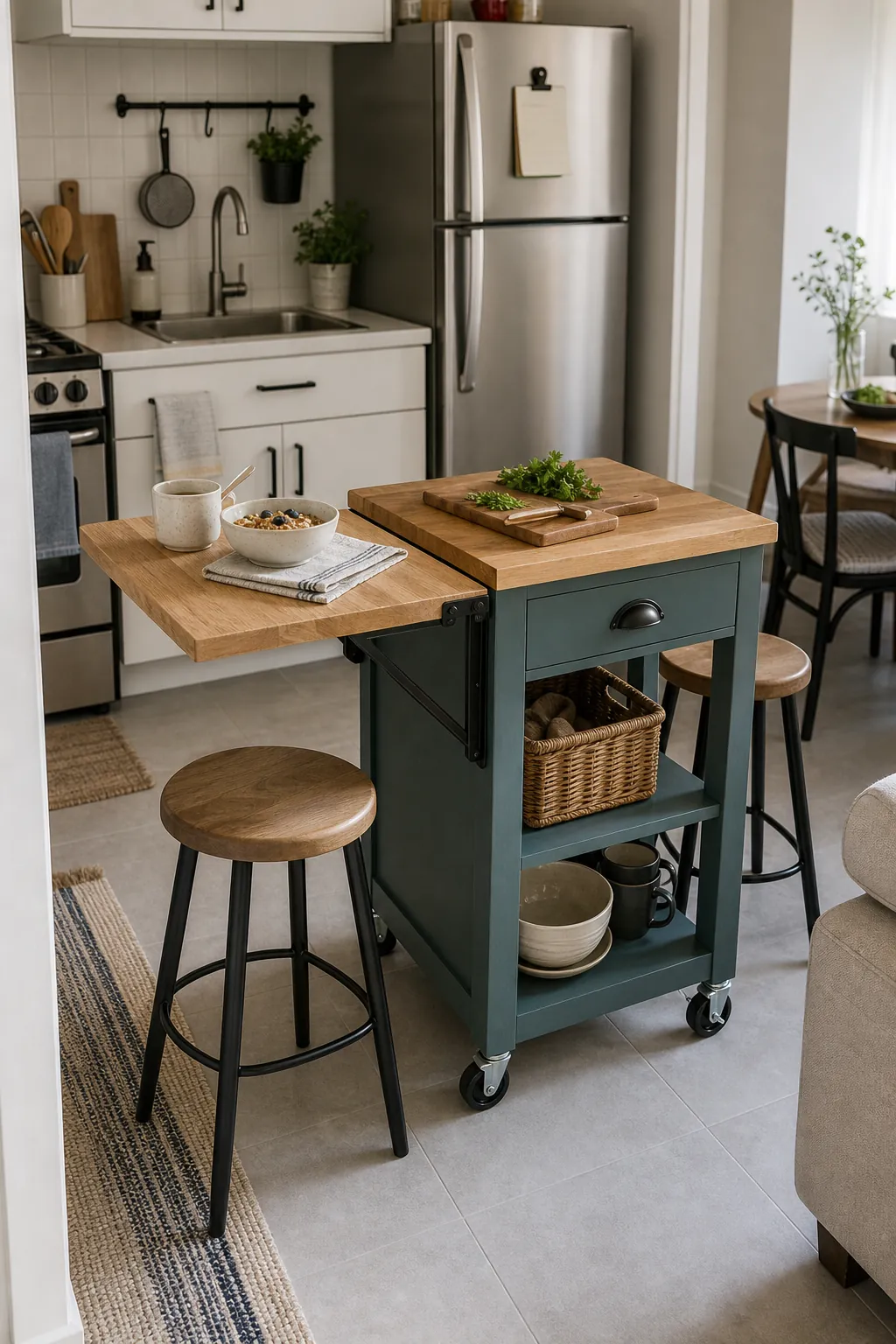 Drop leaf kitchen island with occasional seating in a studio kitchen
