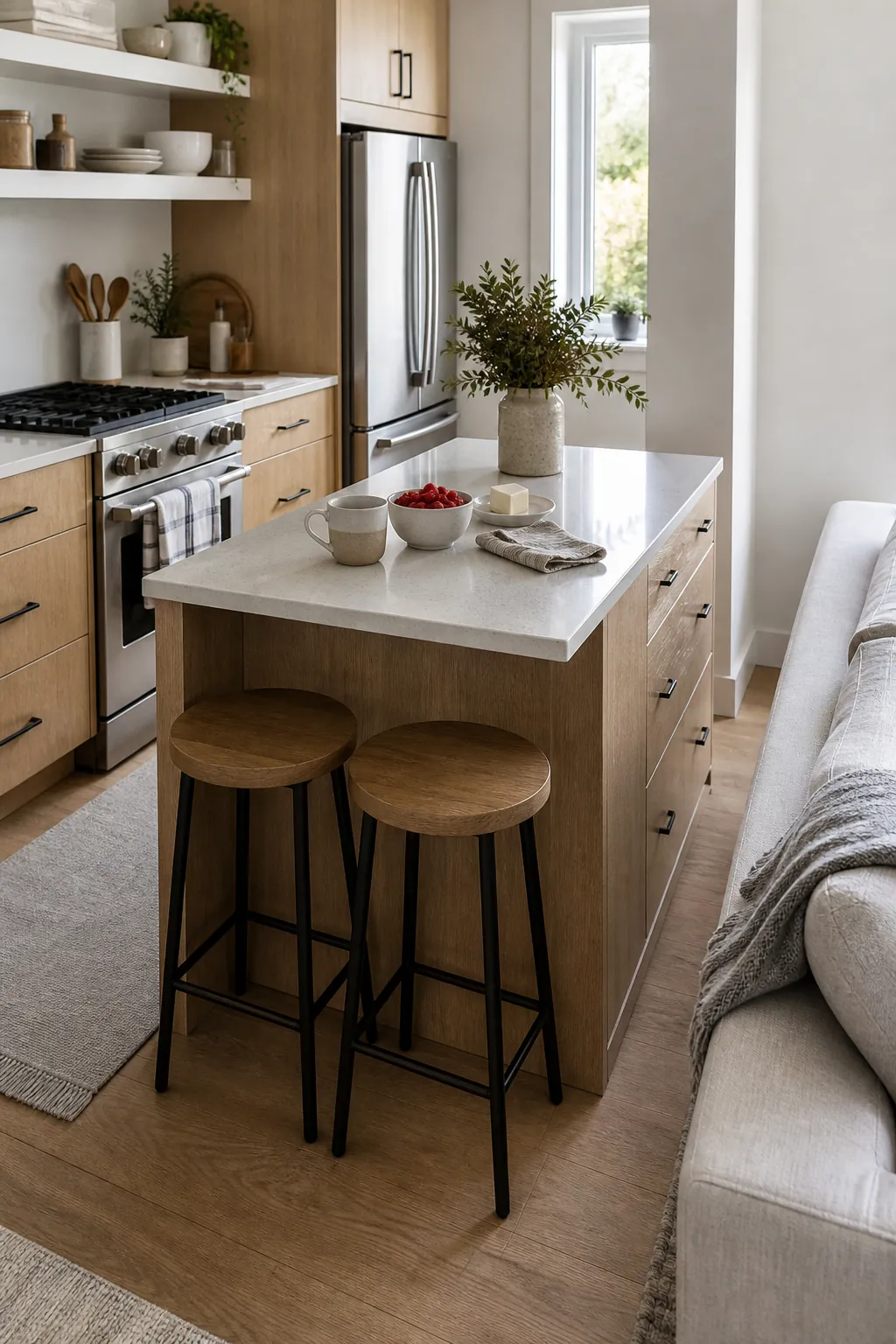 Small kitchen island with seating in a compact layout
