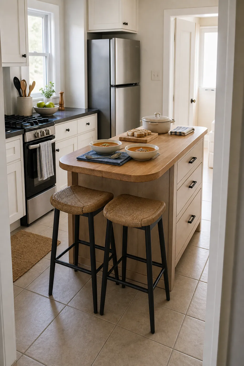 Two stools tucked under the short end of a small kitchen island