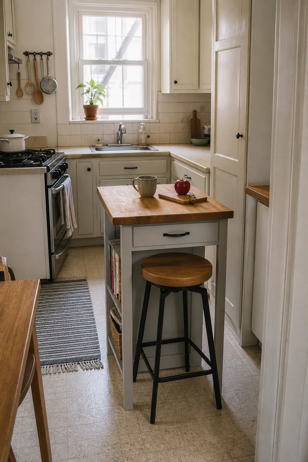 One stool tucked under a mini kitchen island in a narrow kitchen