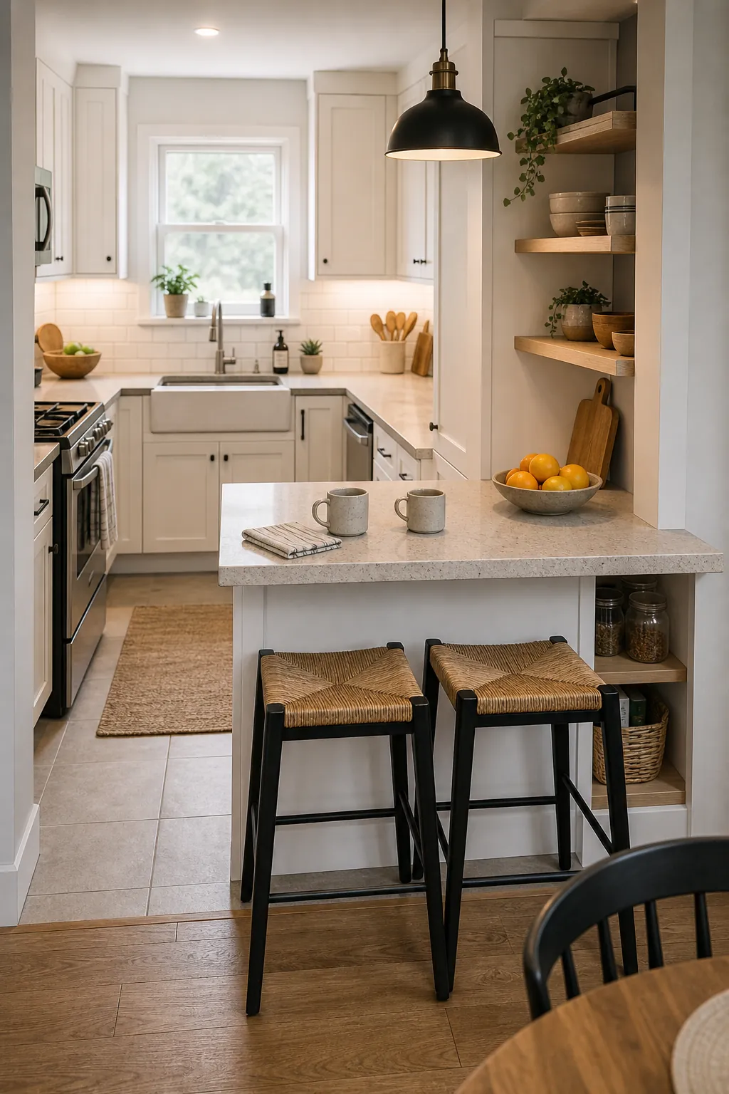 Tiny kitchen peninsula with two stools as an island alternative