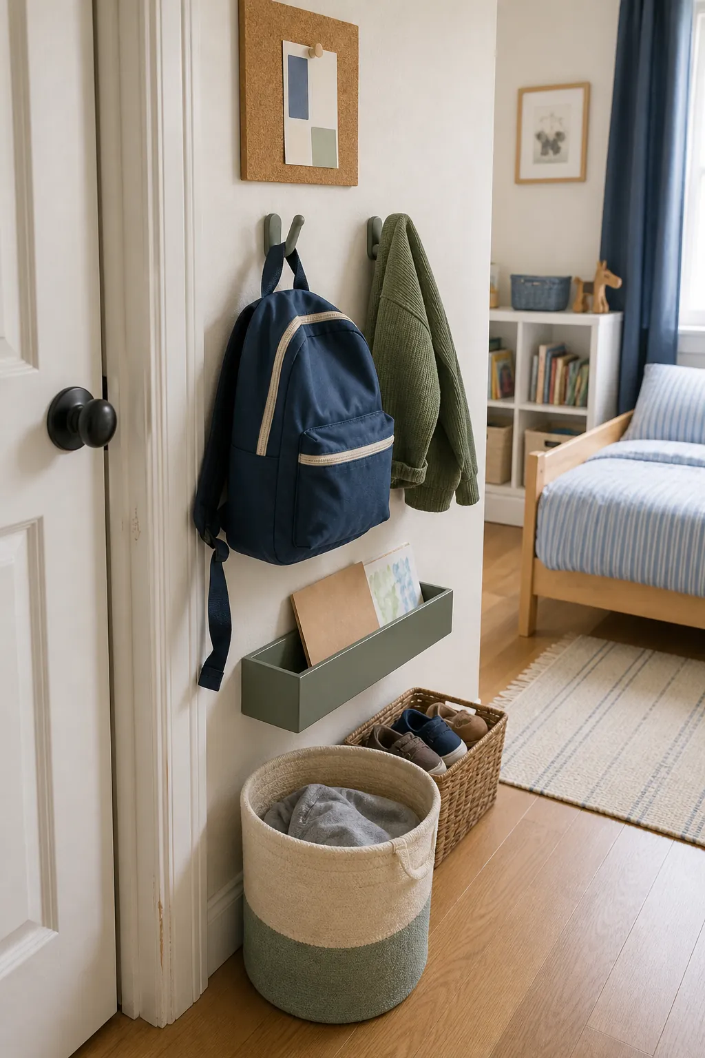 After school drop zone for a small kids bedroom with backpack storage