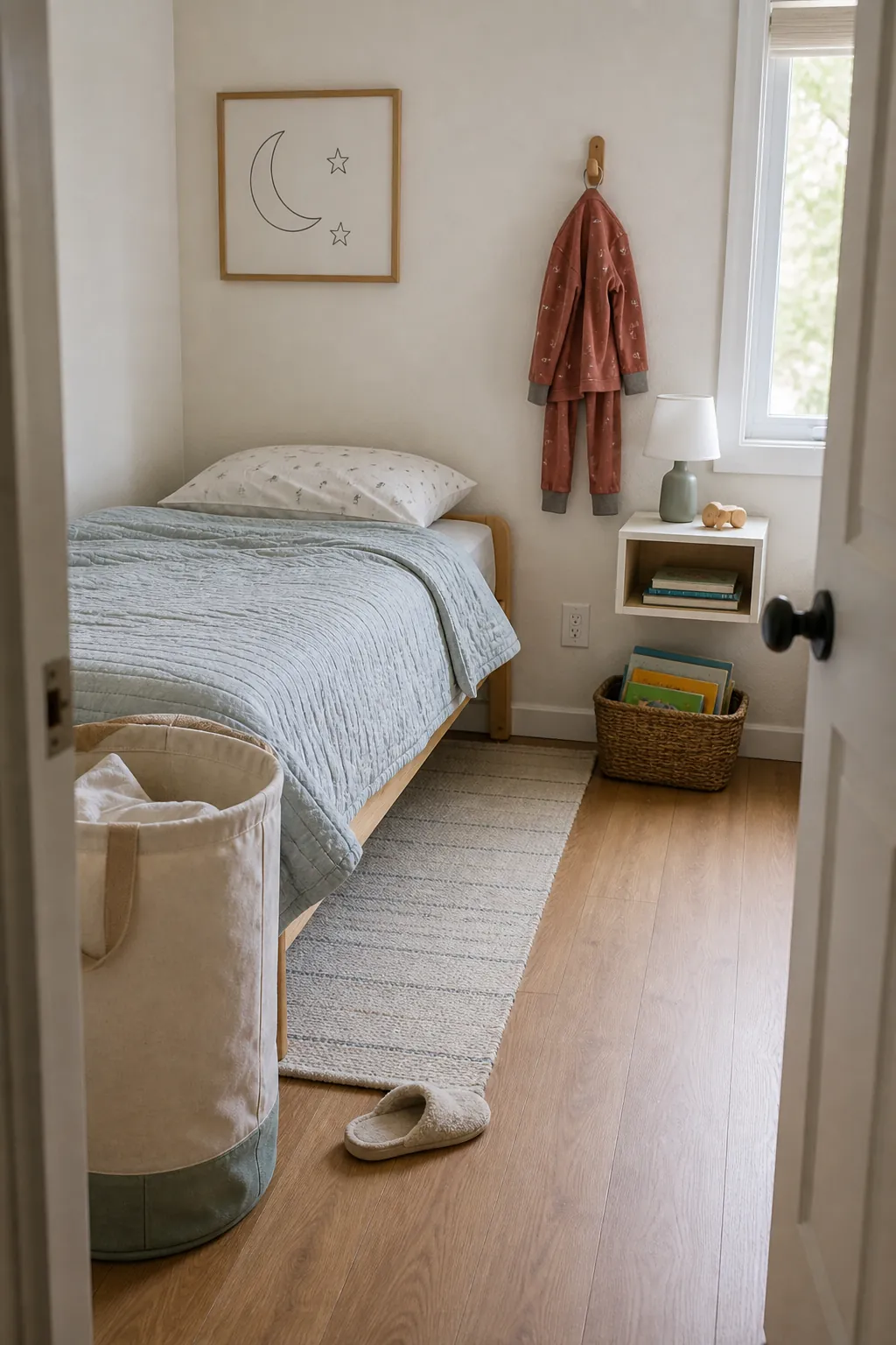 Small kids room morning reset with bed and laundry hamper