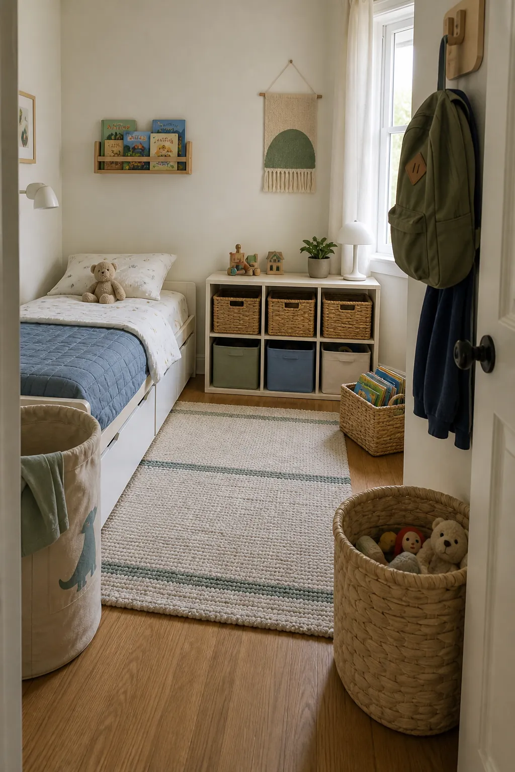 Organized small kids room with daily storage routines