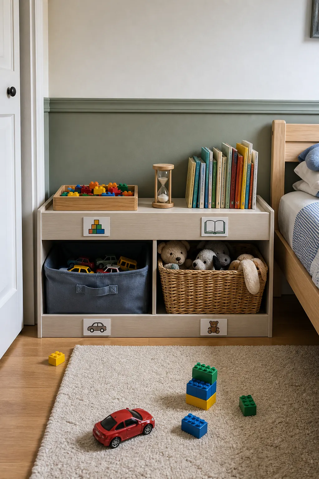 Low labeled toy bins for everyday kids room organization