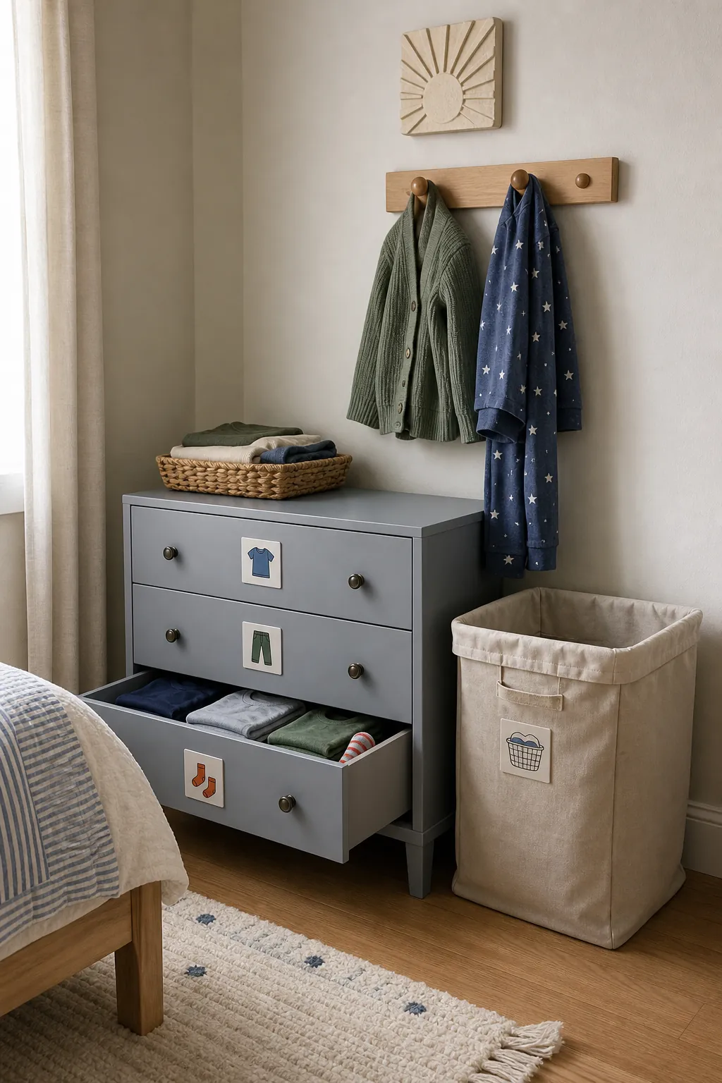 Kids bedroom clothes organization with hamper drawers and rewear hooks