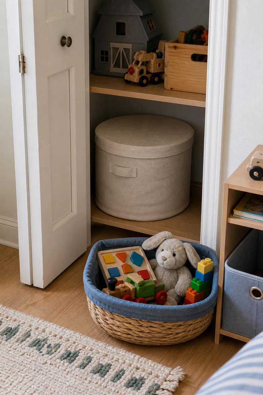 Toy rotation bin in a small kids room closet for daily organization