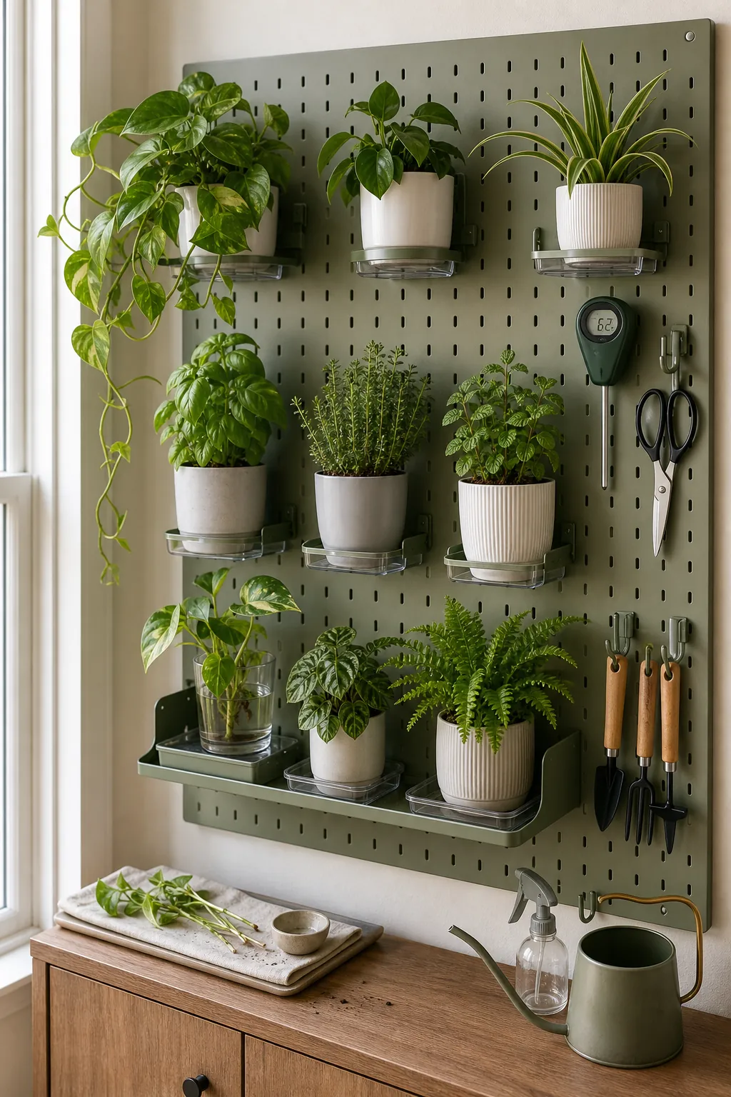 Indoor pegboard plant wall with small removable pots, drip trays, and organized tools