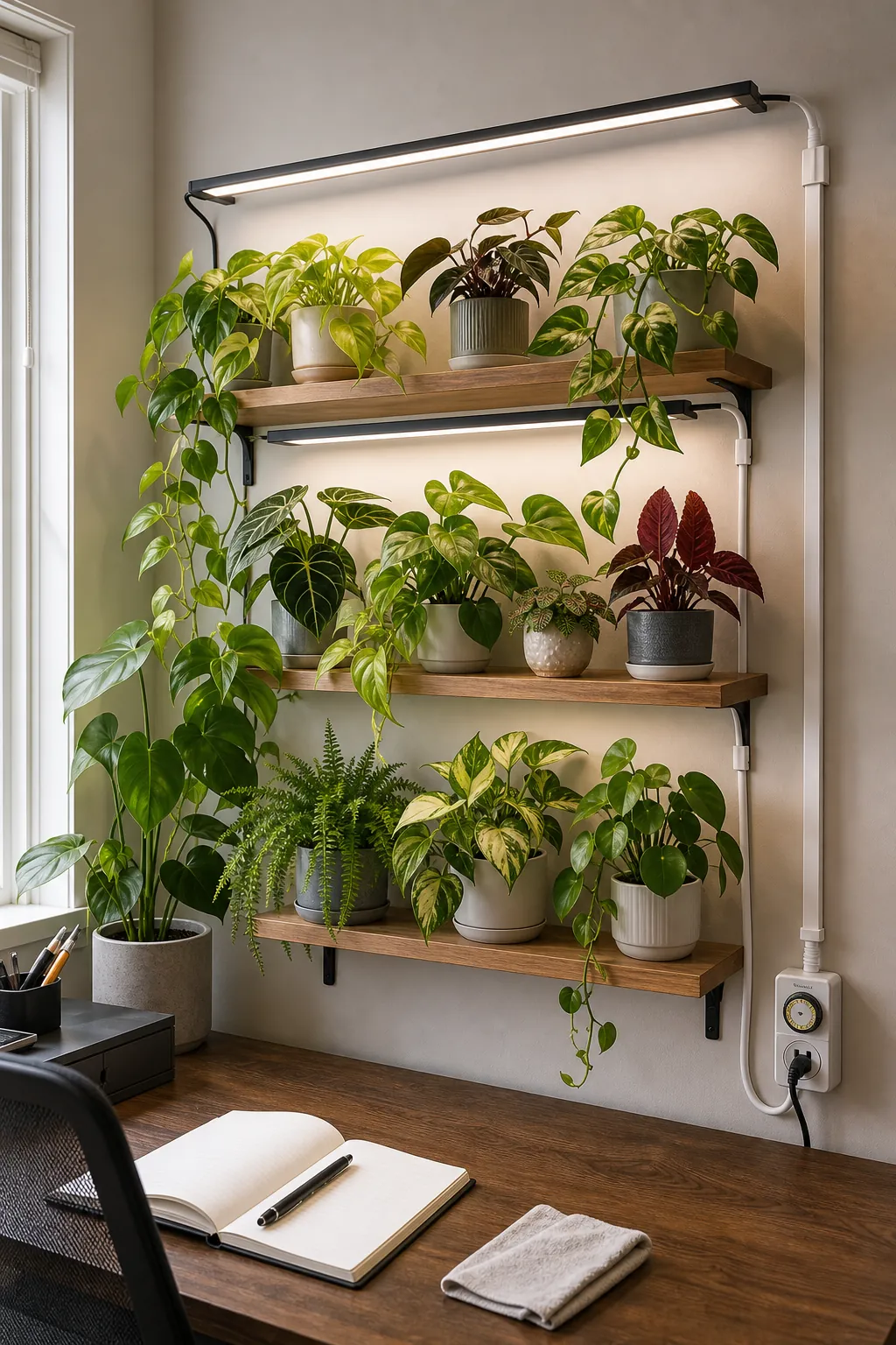 Indoor plant feature wall with slim grow lights, organized cables, and healthy foliage