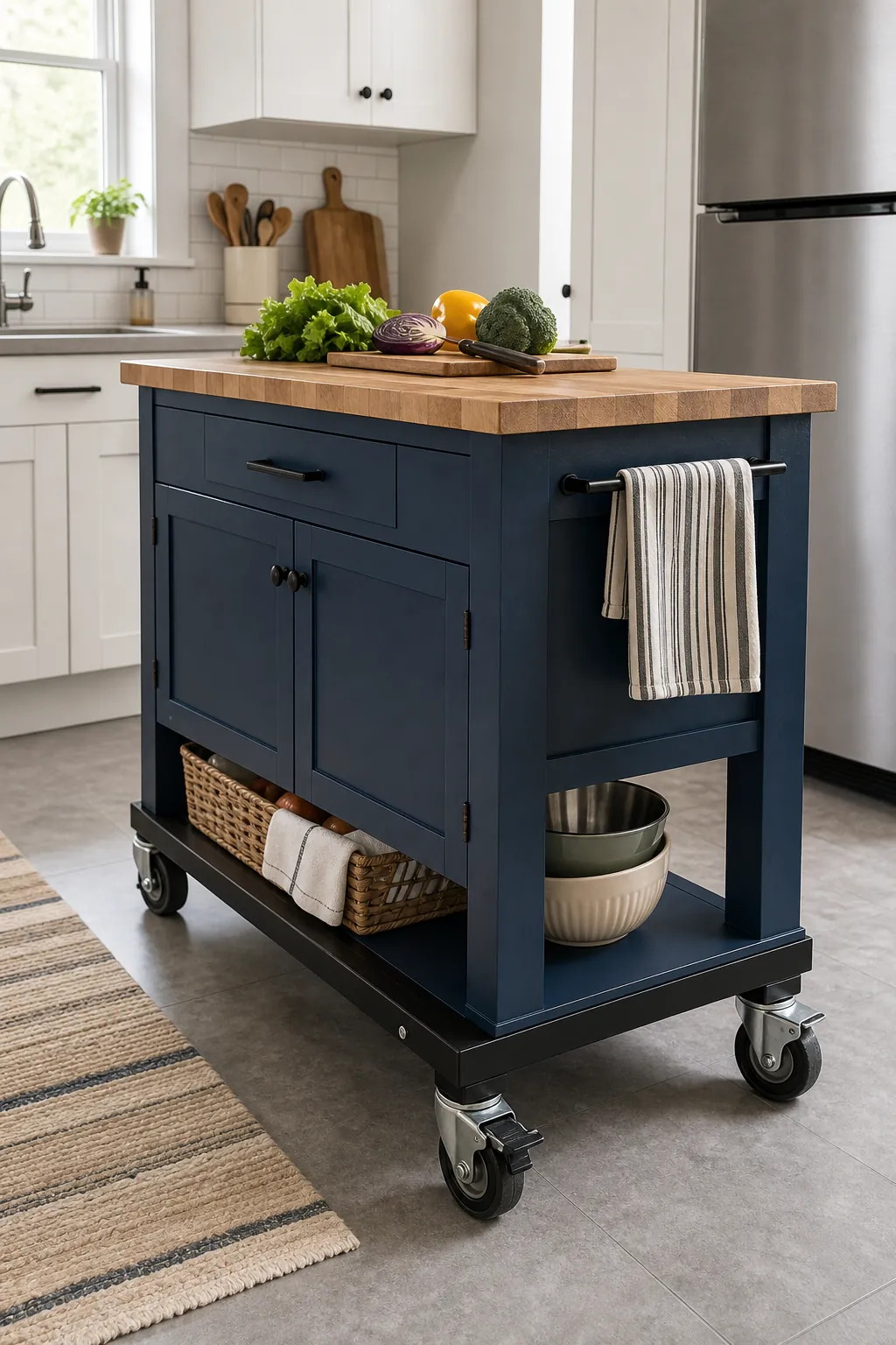 DIY kitchen island on wheels with reinforced caster base