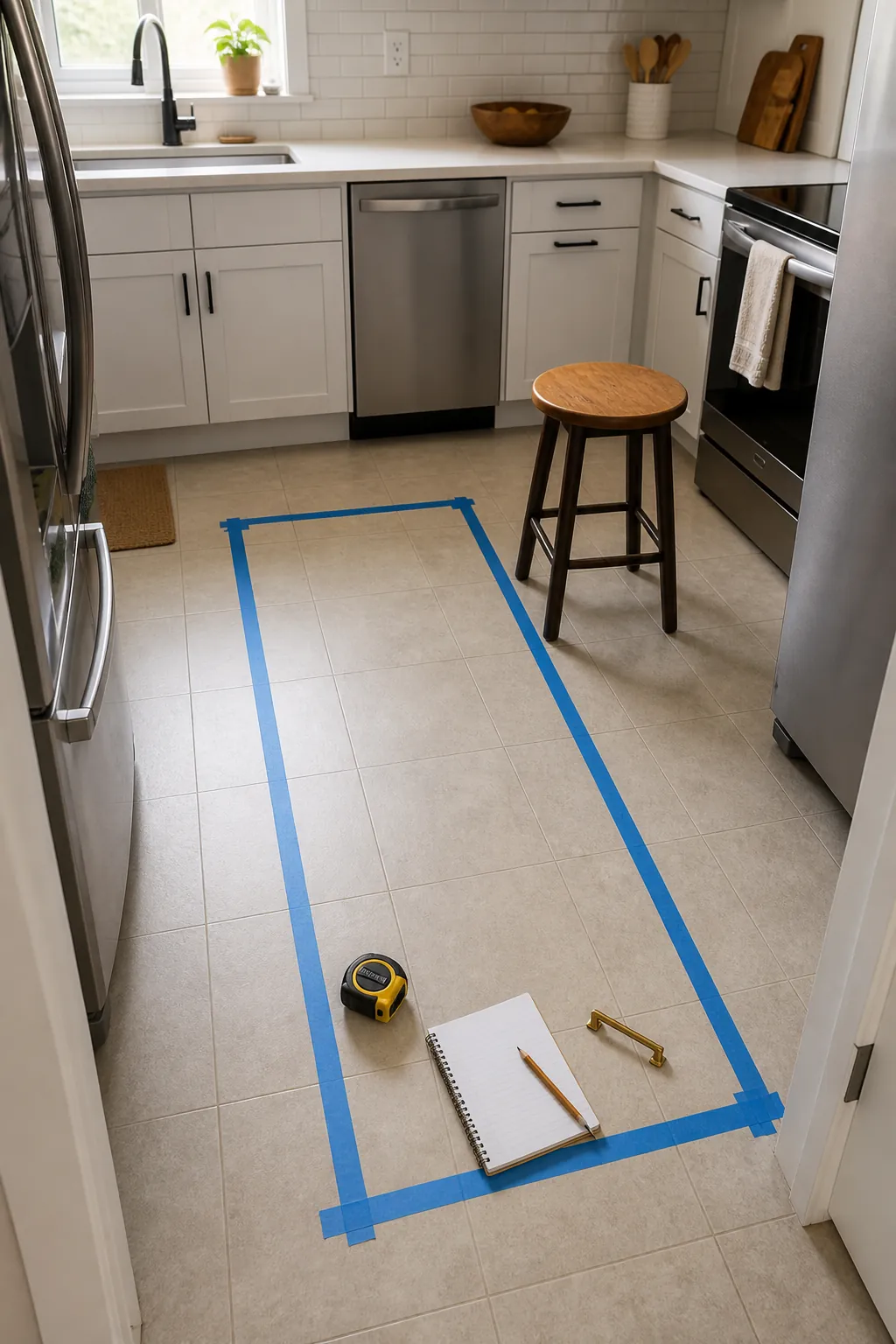 Painter tape marking a DIY kitchen island footprint in a small kitchen