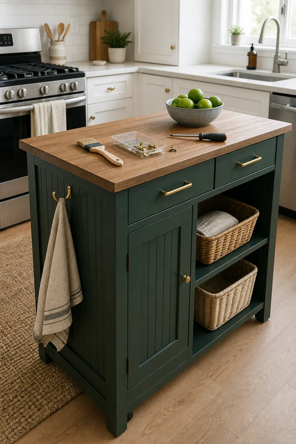 Basic small kitchen island upgraded with paint trim hooks and hardware