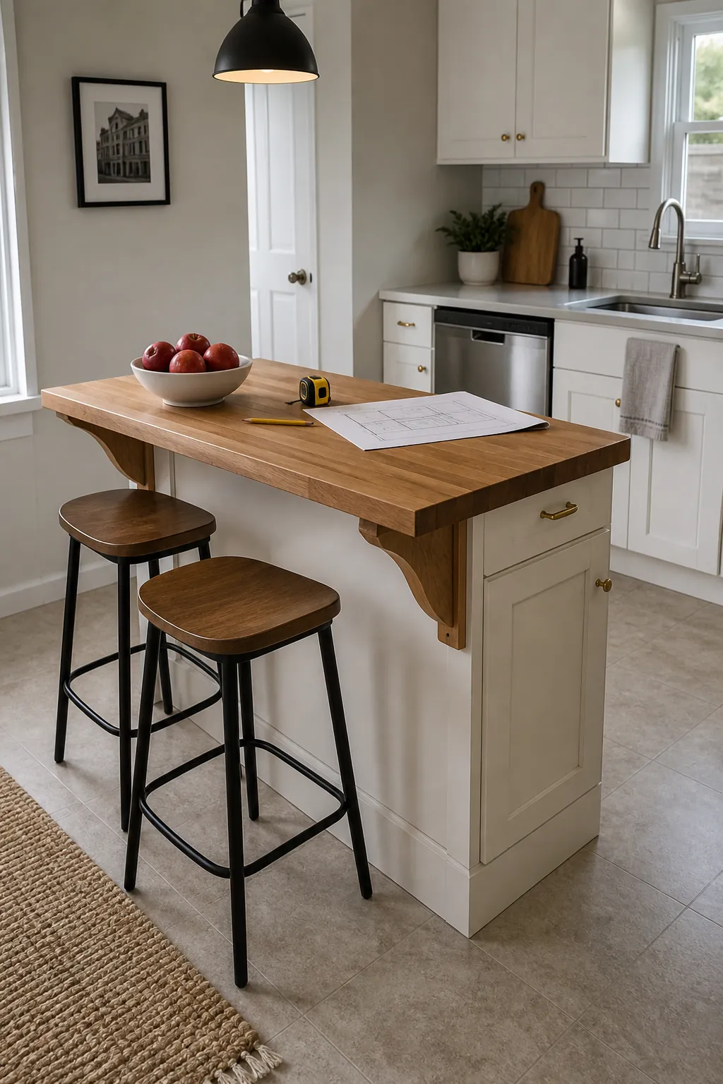 DIY kitchen island with seating overhang supported by wood brackets