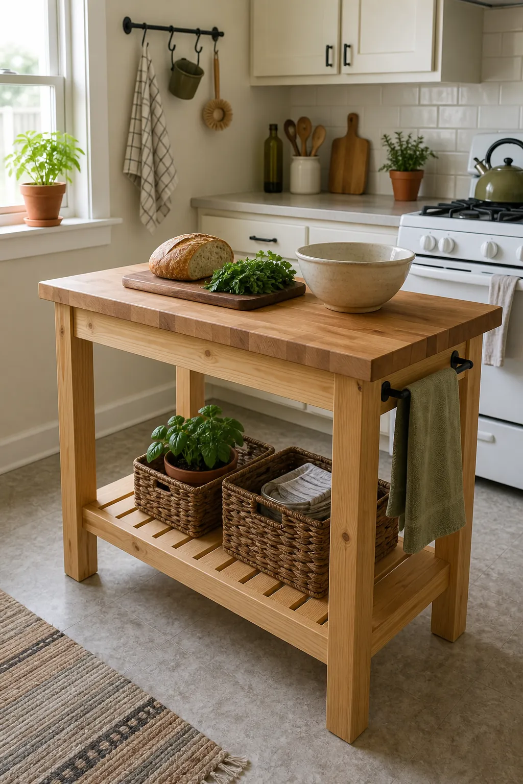 Slim DIY work table island with open shelf in a tiny kitchen