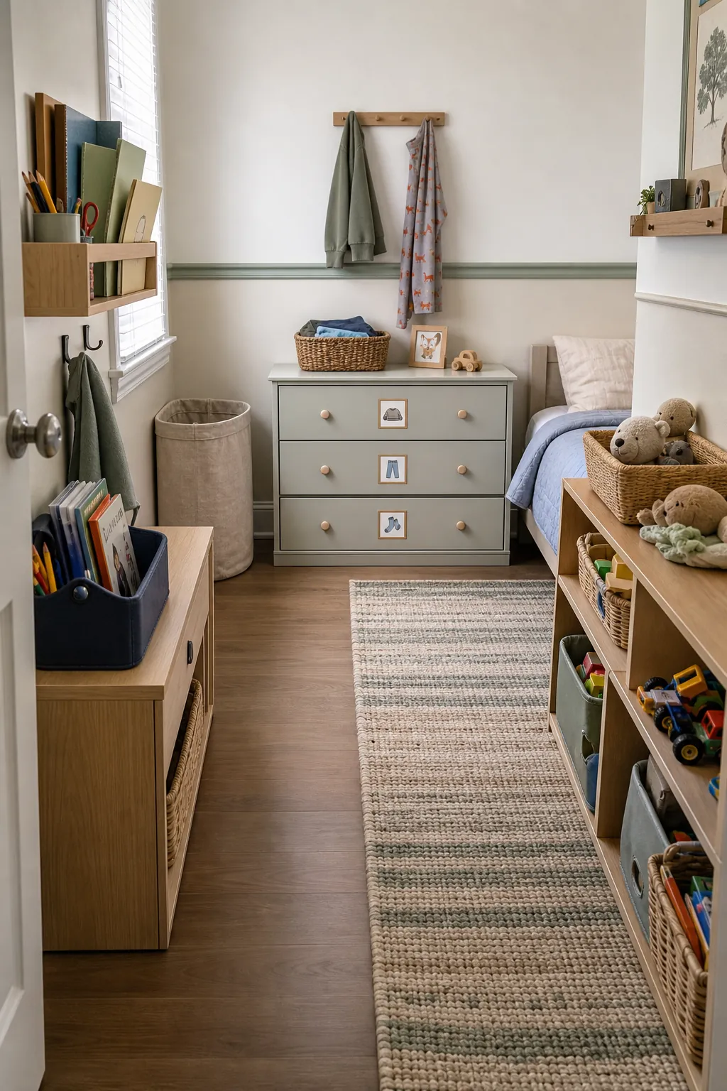 Small kids room storage for clothes toys and school supplies