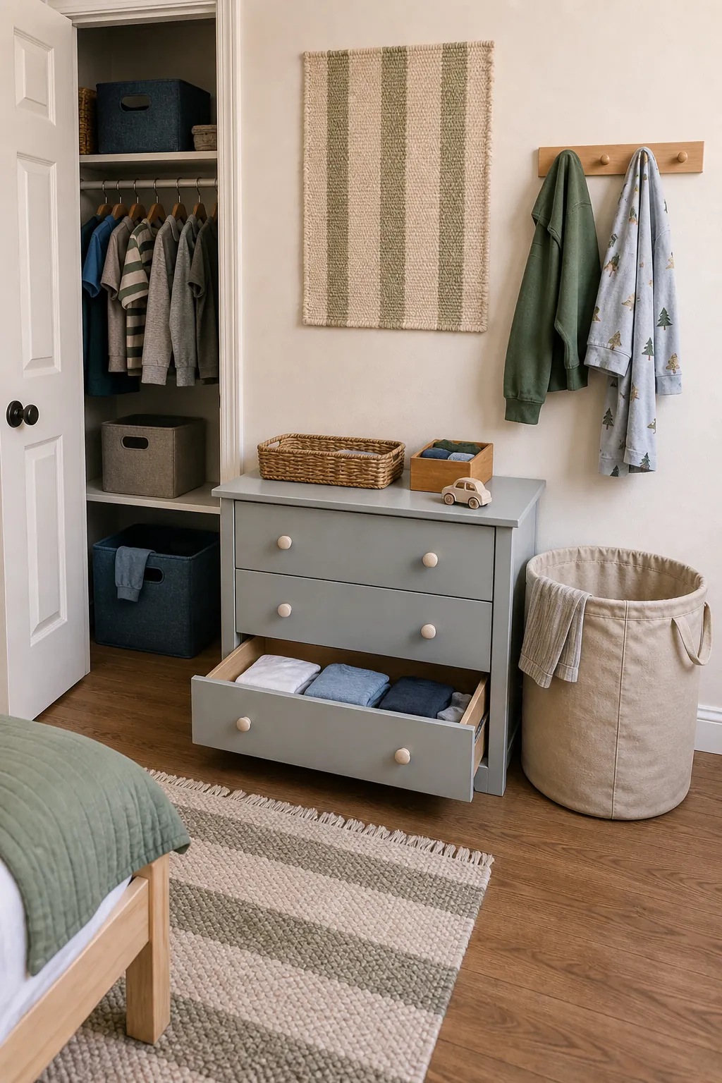 Compact kids closet and dresser clothes storage zones